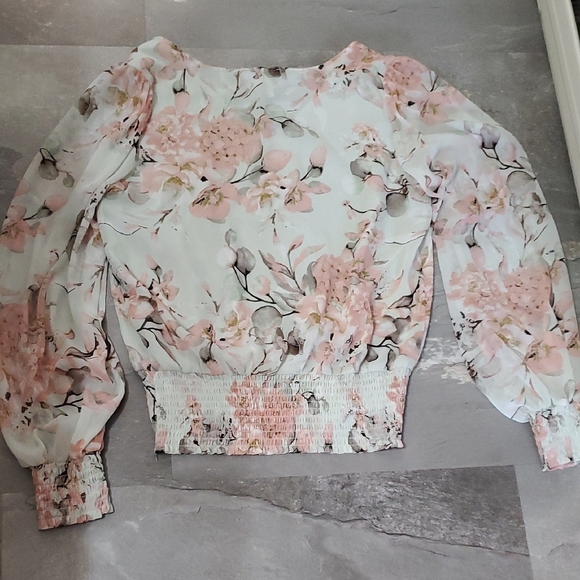 Rachel Zoe Flowy Sheer Floral Long Sleeves Blouse. Green, Pink. Smocked Hem. S. - Picture 2 of 12